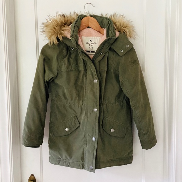 Abercrombie Kids Girls Olive Green Sherpa Parka size 9-10 winter coat jacket - Picture 1 of 16